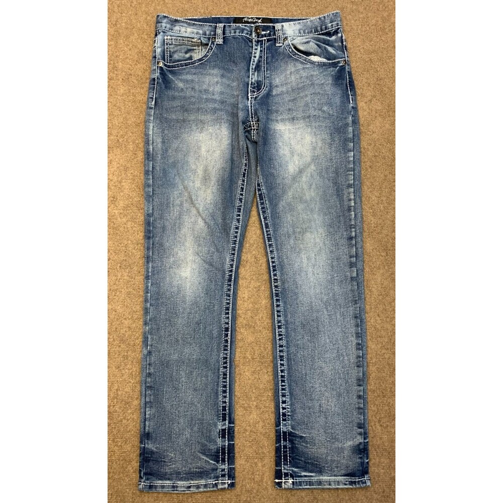 True Luck Jeans Mens 34x32 Thick Stich Straight Leg Whiskered Stretch Denim